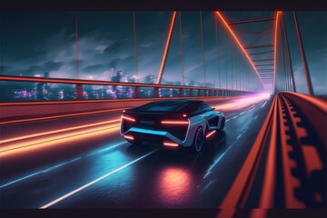 Wall Mural - Cyber neon driving green power sport car with hybrid technology automotive. Concept of light glowing on dark city view in night life. Finest generative AI.