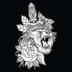 Wall Mural - Dagger Lion  Tattoo Black and White Illustration