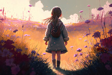 Lonely Little Girl Child With A Backpack In A Flower Field, Back View. Childhood Illustration, Generative AI