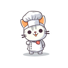 Mascot Cartoon Of Cute Smile Cat Chef Wearing Chef Hat Cap And Uniform. 2d Character Vector Illustration In Isolated Background