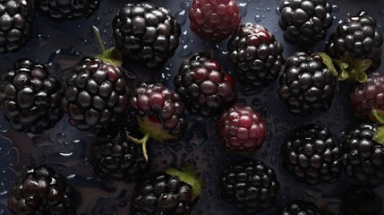 Wall Mural - Blackberries  with visible water drops. Seamless food photography background created using generative AI tools.