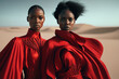 Two women in red dresses stand in the desert. Generative Ai