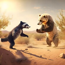 Two Animals Playing In The Desert One Is A Sun Bear The Other Animal Is A Raccoon 