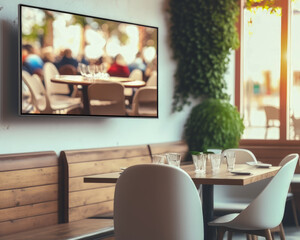 Wall Mural - modern cafe with large led tv. coffee theme background.