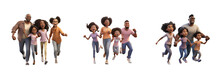 Set Of 3D Cartoon Character Cute Happy African American Family Mother, Father, Children Son And Daughter Have Fun Running Together, Isolated On White And Transparent Background, Ai Generate
