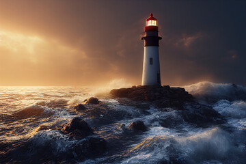 Wall Mural - Waves hitting a lighthouse at sunset, seascape with a gloomy sky, dramatic lighting, generative AI