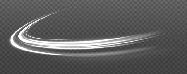 Aufkleber - White fast speed trail with sparkles on dark background. Glow and blur motion effect vector illustration set. Transparent dynamic frost air tail streak. Isolated png magic wind swirl design.