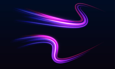 Dynamic composition of bright lines forming lights path of speed movement, futuristic dark background, graphic design element