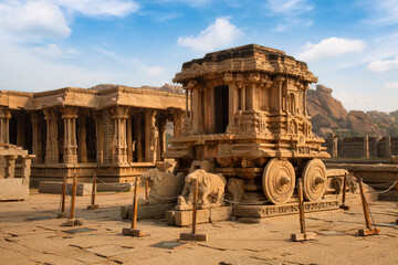 Wall Mural - Stone chariot with ancient medieval architecture at the Vijaya Vittala temple at Hampi Karnataka, India.