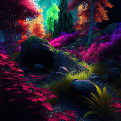 Wall Mural - Fairytale forest at night, scenery of fantasy purple flowers and blossom ,made with Generative AI