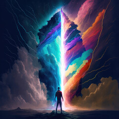 Wall Mural - Man standing in front of colorful sky with a pillar of light ,made with Generative AI
