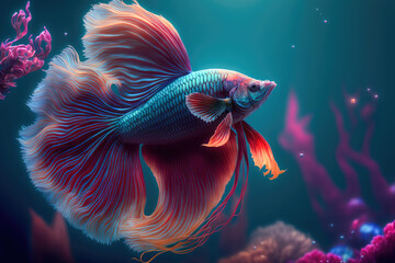 Wall Mural - Colorful beta fish underwater environment ,made with Generative AI