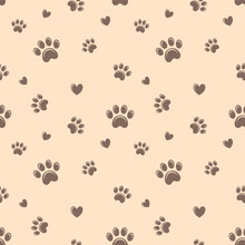 Brown Dog Paws And Hearts Seamless Vector Pattern