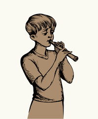 Wall Mural - Vector drawing. Boy playing flute