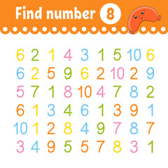 Sticker - Find number. Education developing worksheet. Activity page with pictures. Game for children. Funny character. cartoon style. Vector illustration.