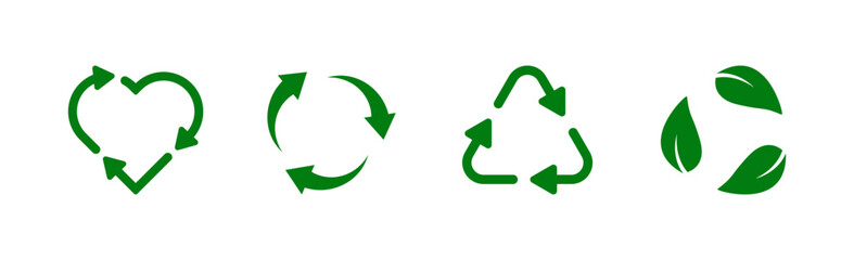 recycle vector icon. arrows, heart and leaf recycle eco green symbol. vector illustration
