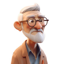 Cute Icon 3D Old Man Avatar, Elderly Pensioner, Senior Grandfather Portrait, Happy Retired Cartoon Face. Adult Grandpa Person, Male Character, Silver Hair, Glasses, Sweater On Isolated Transparent Png