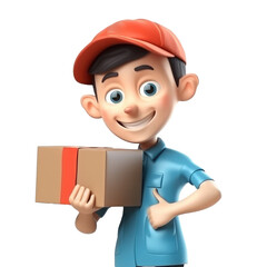 3d icon cute. Smiling cartoon man in uniform standing with parcel, boxes, delivery, transportation, transportation to customer, Parcel delivery and postal service concept character isolated background