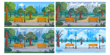 City Park Weather Background. Urban Climate Sunny, Rainy, Windy And Snowy Day. Town Alley Cartoon Vector Illustration Set