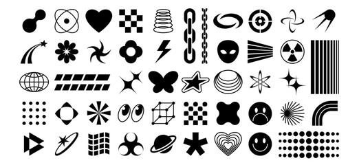 Y2k icons. 70s rave pop symbols, futuristic stars, planet and alien, emoticon spirals. Retro poster geometric symbols. Isolated minimal groovy vector set