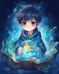 Wall Mural - Fantasy RPG cute ocean mage illustration, created with generative ai