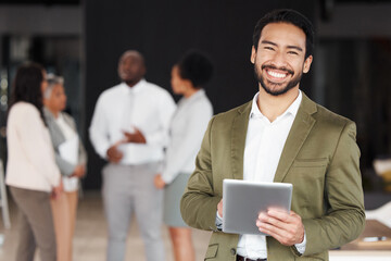 Poster - Digital tablet, portrait and happy businessman with team in office for meeting, planning and collaboration. Face, asian male and leader online with group of business people for startup mission plan