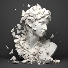3D Style White Marble Bust Of Male Classical Sculpture Broken Shattered Into Large Pieces And Tiny Fragments Isolated On Dark Lit Background. Generative Ai.