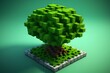3d illustration render of cubic tree with green leaves and background. Generative Ai. 3D style oak tree.