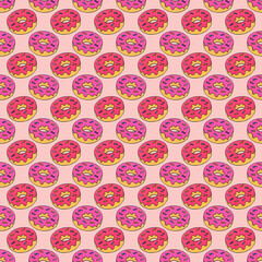 Sticker - Tasty Donuts with Glaze and Different Toppings on Blue Background. Seamless Pattern.	