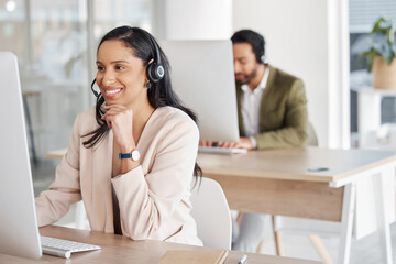 Aufkleber - Call center, woman and team consulting for crm, telemarketing and customer service with a smile. Happy, workforce and lady consultant in office for online help, support, faq or contact us for advice