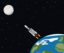 Chandrayaan Heading Toward Moon From Earth With Black Sky And Stars In Background | ISRO Satellite Launch Vehicle (GSLV) Vector Illustration | Indian Space Program