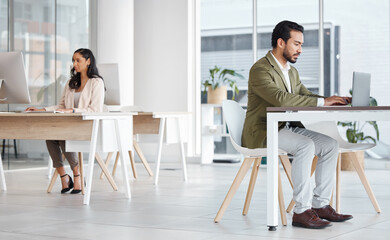 Aufkleber - Office, workspace and business people in startup typing on computer, digital marketing or coworking in building. Professional employees or man and woman working on laptop and desktop for productivity