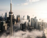Fototapeta  - Aerial shot of the tower and other tall buildings covered with clouds, Toronto, Canada