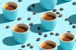 © vnevo - Trendy Summer pattern made with cup of coffee on bright light pink white blue background, Minimal summer concept. Coffee wallper. ai generated.