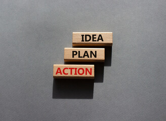 Wall Mural - Idea Plan Action symbol. Wooden blocks with words Idea Plan Action. Beautiful grey background. Business and Idea Plan Action concept. Copy space.