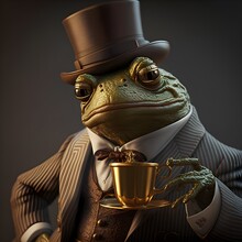 Upscale Photorealistic All Gold Dapper Pepe Holding A Cup Of Coffee Super Clean Photo 8k HD Cinematography Photorealistic Epic Composition Unreal Engine Cinematic Color Grading Portrait Photography 