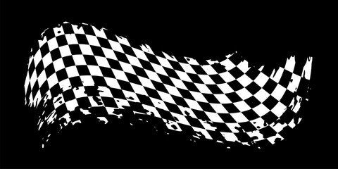 Aufkleber - Grunge waing car race flag with scratches vector illustration. White checkered pattern of start and finish of auto rally and motocross, banner for karting sport, championship trophy on black