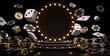Modern Black, White And Golden Casino Gambling Concept. Empty Space Display With Yellow Neon Lights, Chips, Dices, Cards And Coins On Black Background - 3D Illustration