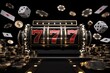 Modern Black, Red And Golden 777 Slot Machine, Chips, Dices, Cards And Coins On Black Background With Neon Lights. Gambling Concept - 3D Illustration