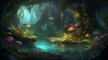 Underground Lake And Swamp Full Of Mushrooms - Generative AI