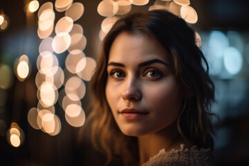 Wall Mural - A beautiful portrait of a young woman with soft bokeh lights created with generative AI technology.