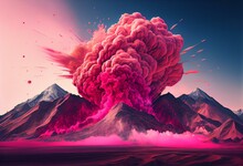 Generative AI Illustration Of A Pink Explosion Between Mountains, Dreamy Abstract Concept Landscape