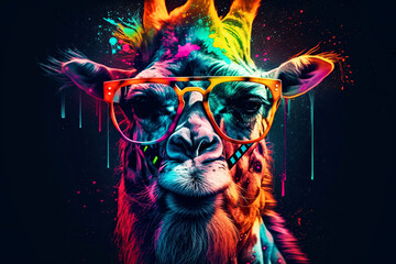 Wall Mural - Realistic portrait of a hipster Giraffe wearing glasses in neon colors. Generative AI illustration.