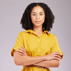 Sticker - Serious, woman and portrait in studio, arms crossed and background for style, confidence and fashion. Focused female model in yellow dress with attitude, empowerment and pride of trendy personality