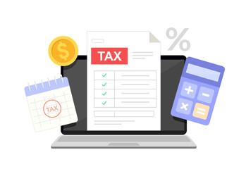 Online tax payment concept. Filling tax form. Calculation of tax return. Laptop with tax form, calculator and calendar. Flat vector illustration.