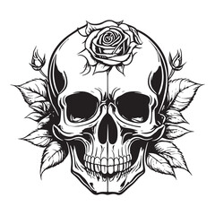 Skull With Rose Flower Black Outline Vector. Human skull with rose sketch drawing, tattoo vector illustration isolated on white background