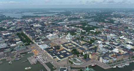 Sticker - Helsinki Downtown Cityscape, Finland. Cathedral Square, Market Square, Sky Wheel, Port, Harbor in Background. Drone Point of View