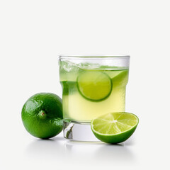 A glass of lime juice with two limes on the side. Generative AI