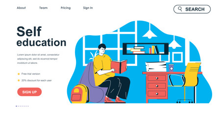 Poster - Self education concept for landing page template. Man reads book, studying at home. Student improves knowledges and skills people scene. Vector illustration with flat character design for web banner