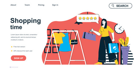 Poster - Shopping time concept for landing page template. Woman buys new clothes in boutique. Buyer makes bargain purchases in store people scene. Vector illustration with flat character design for web banner